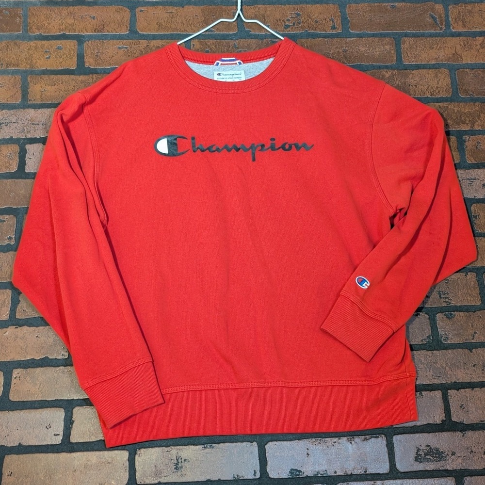Champion Red Oversized Logo Crewneck Sweatshirt M-L‎ Baggy Cotton